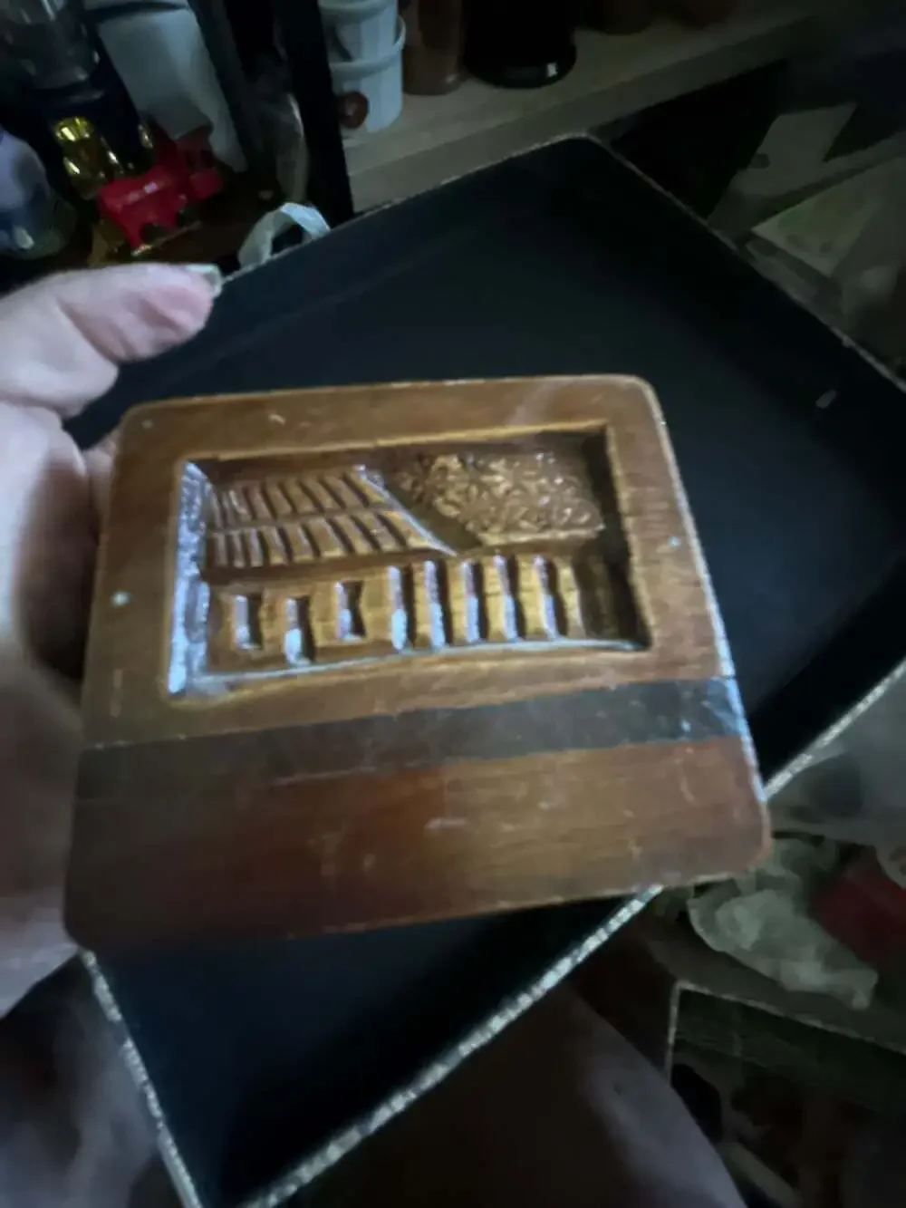 Vintage Hand-Carved Wood Jewelry Box with Honduras Village Scene Relief